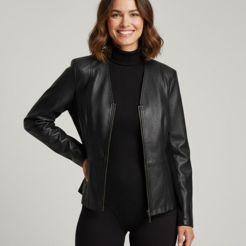 Denim & Co Womens M Black Leather Jacket Zip Front Slim Biker Jacket Mob Wife